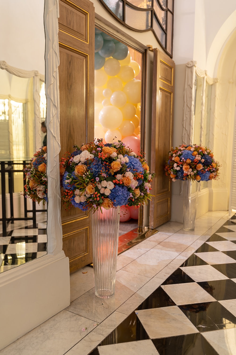 Flowers by Mouses Stevens events team at the entrance of The French Salon at Claridges